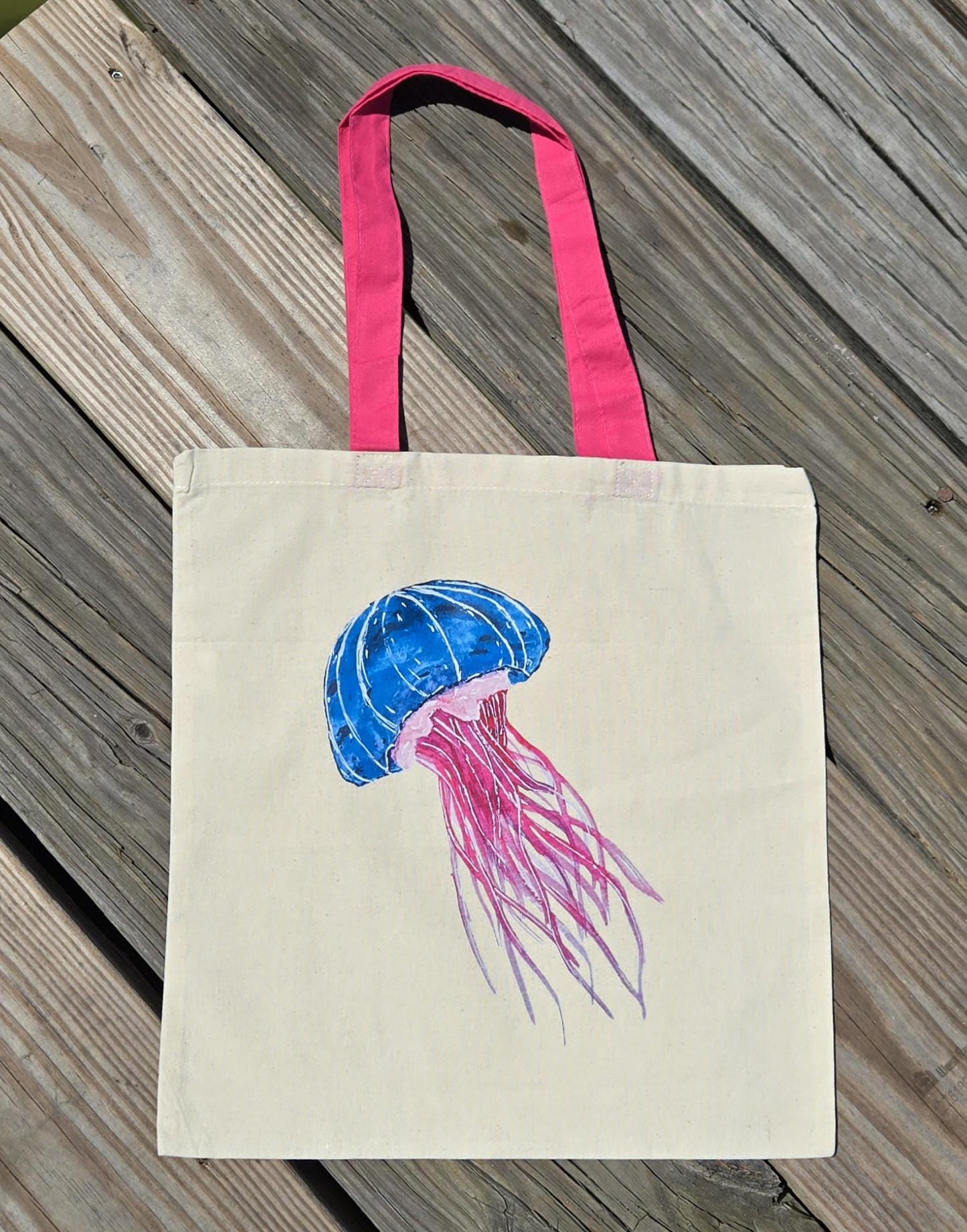 Cotton Beach Tote Bag: Hand-Painted, Watercolor Pink and Blue Jellyfish, Pink Handles