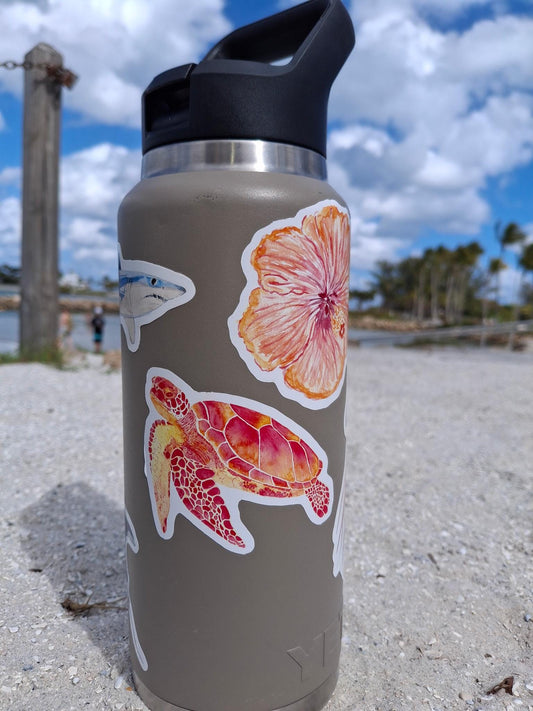 Hand-Painted Viny Watercolor Sea Turtle Stickers (3.5") - Waterbottle Stickers