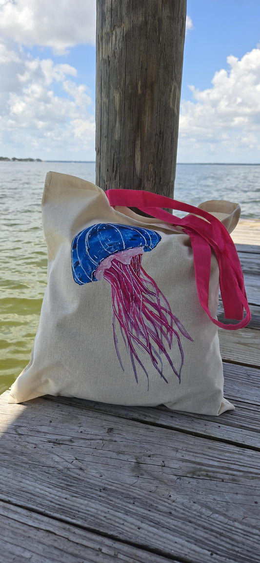 Cotton Beach Tote Bag: Hand-Painted, Watercolor Pink and Blue Jellyfish, Pink Handles