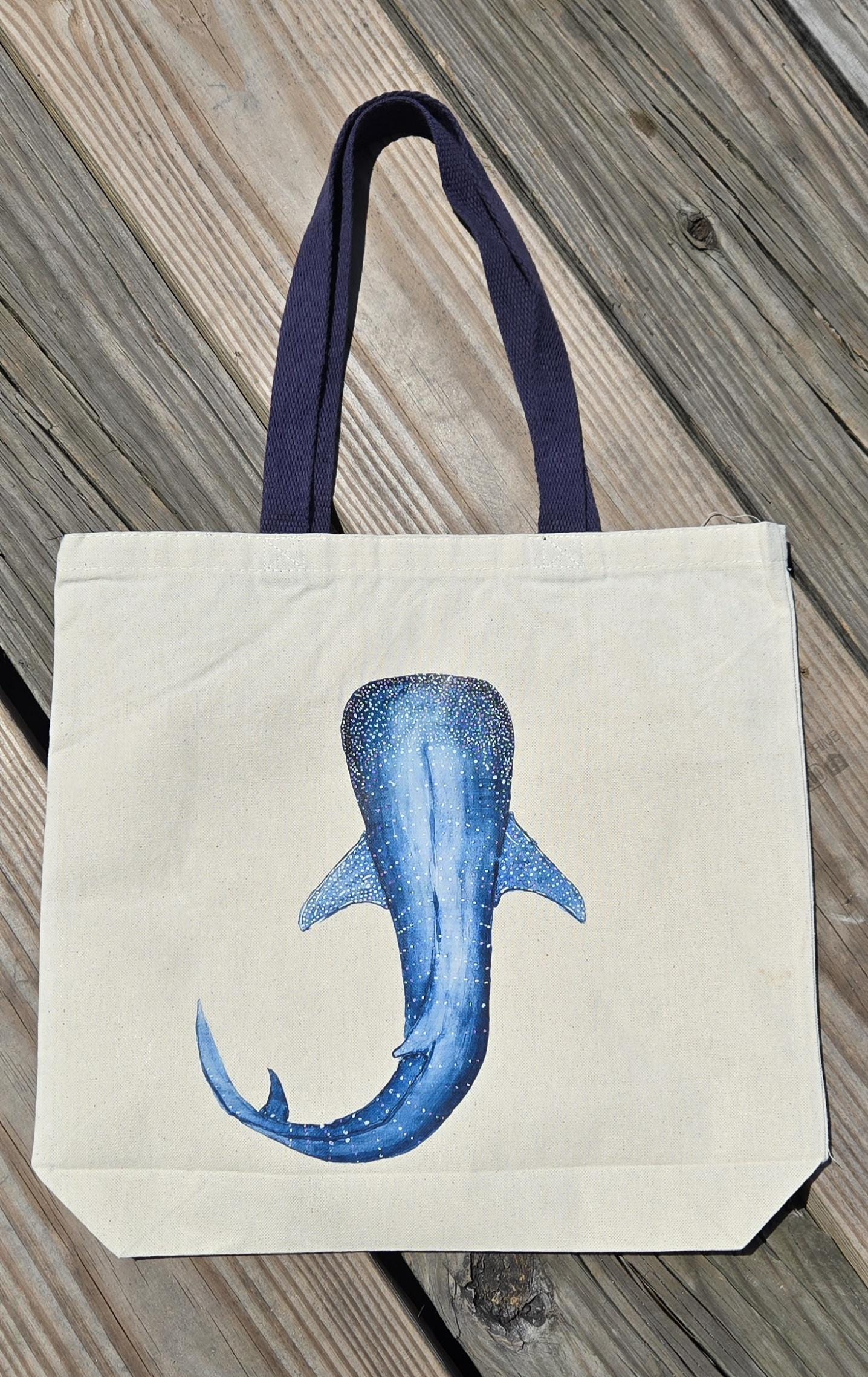 Canvas Beach Tote Bag: Hand Painted Whale Shark, Navy Blue Handles