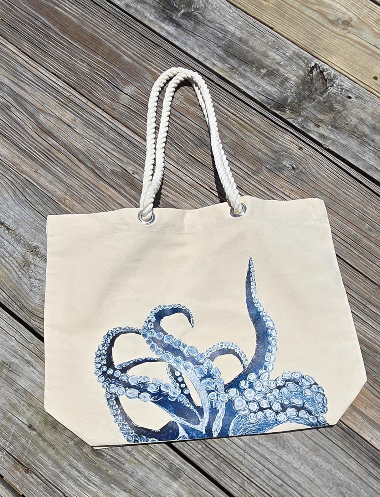 Large Canvas Beach Tote Bag, Octopus Watercolor Print, Rope Handles