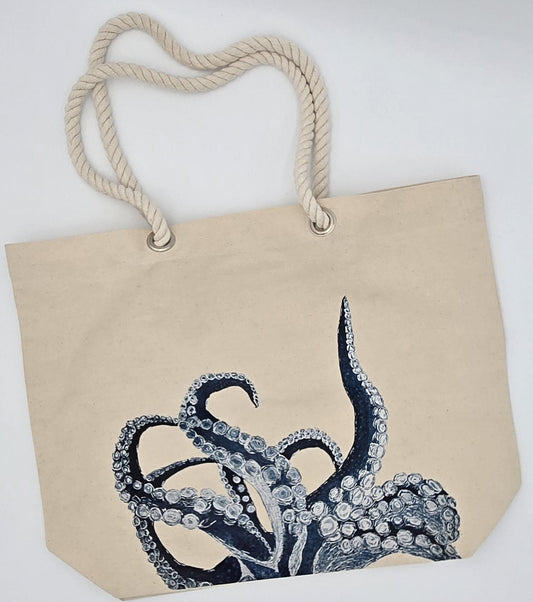 Large Canvas Beach Tote Bag, Octopus Watercolor Print, Rope Handles