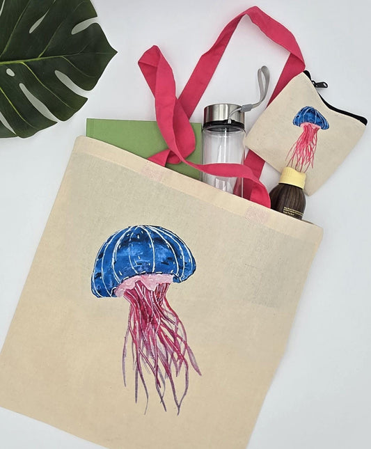 Cotton Beach Tote Bag: Hand-Painted, Watercolor Pink and Blue Jellyfish, Pink Handles