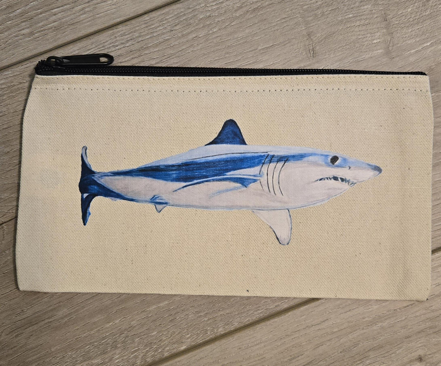 Zippered pouch, cosmetic bag, mako shark