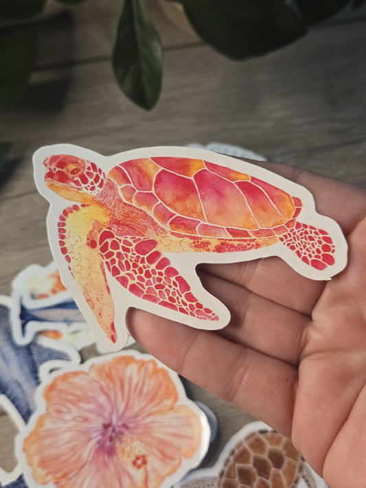 Hand-Painted Viny Watercolor Sea Turtle Stickers (3.5") - Waterbottle Stickers