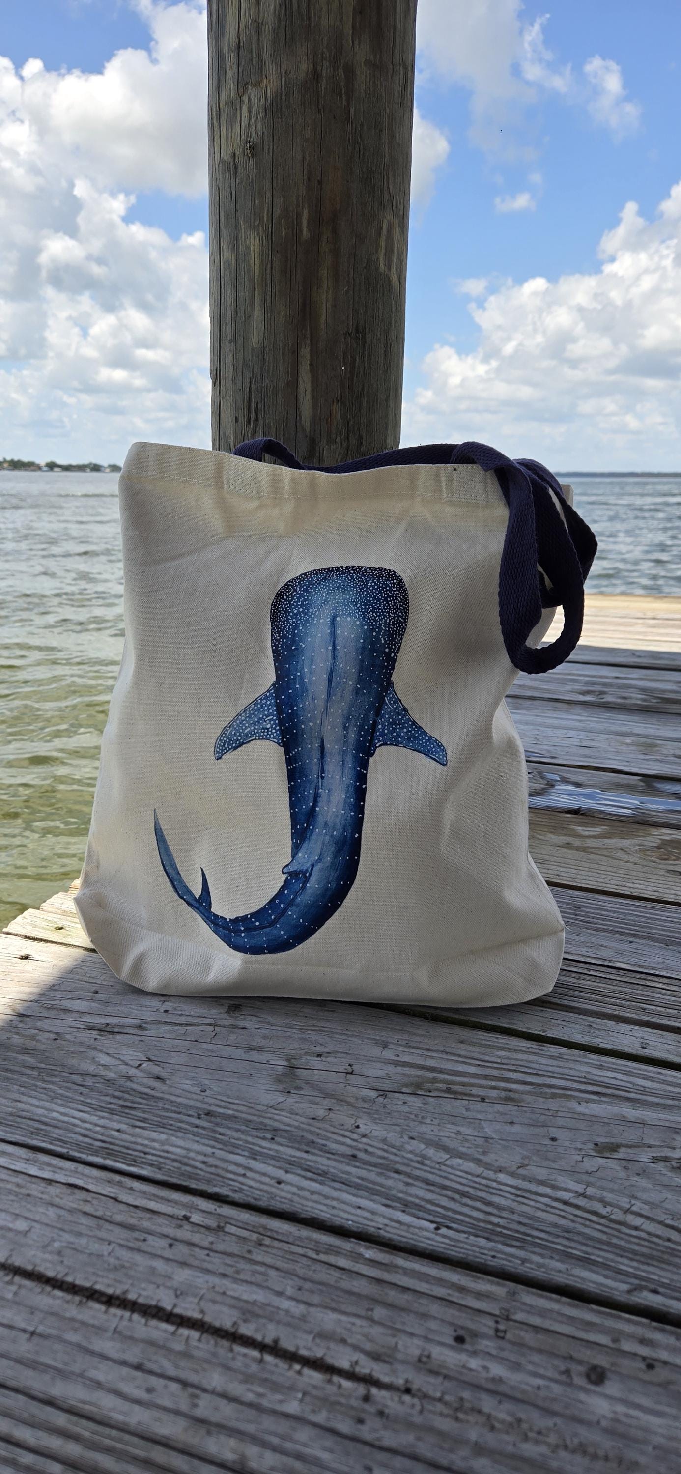 Canvas Beach Tote Bag: Hand Painted Whale Shark, Navy Blue Handles