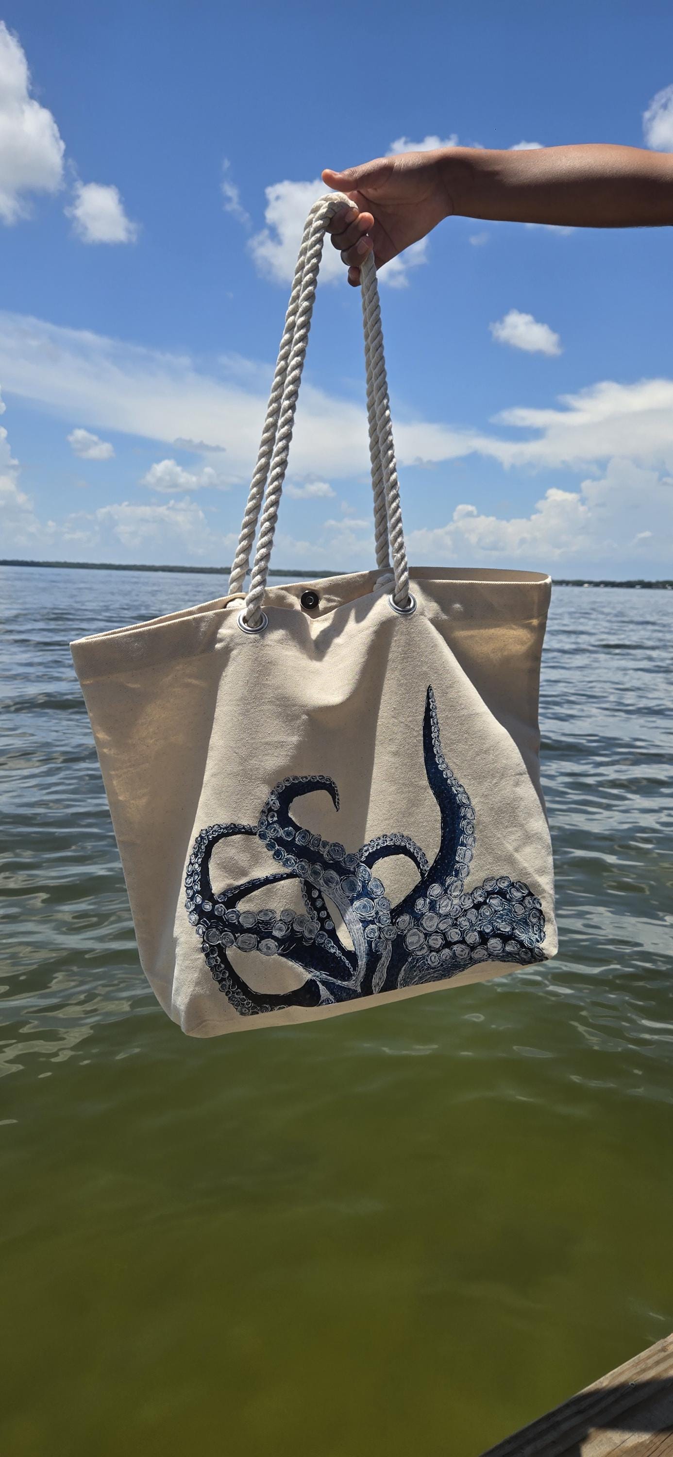 Large Canvas Beach Tote Bag, Octopus Watercolor Print, Rope Handles