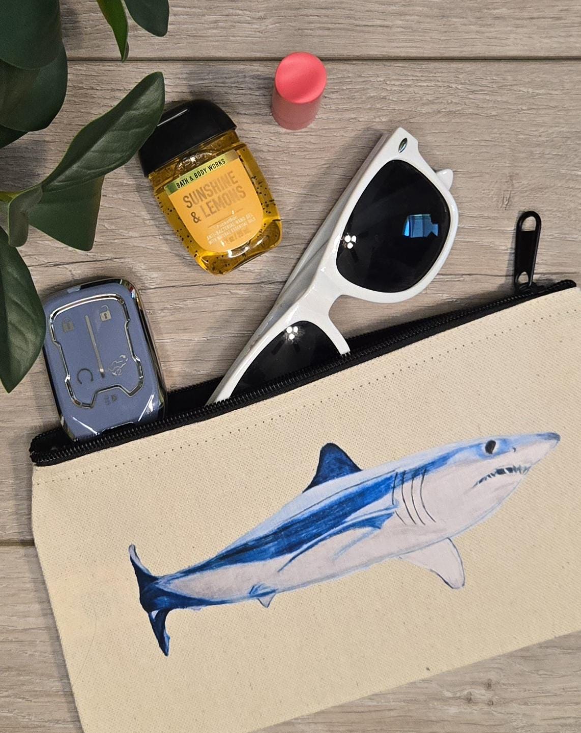 Zippered pouch, cosmetic bag, mako shark