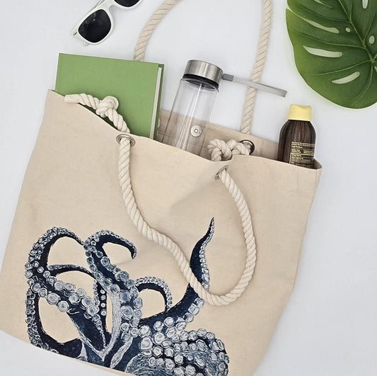 Large Canvas Beach Tote Bag, Octopus Watercolor Print, Rope Handles