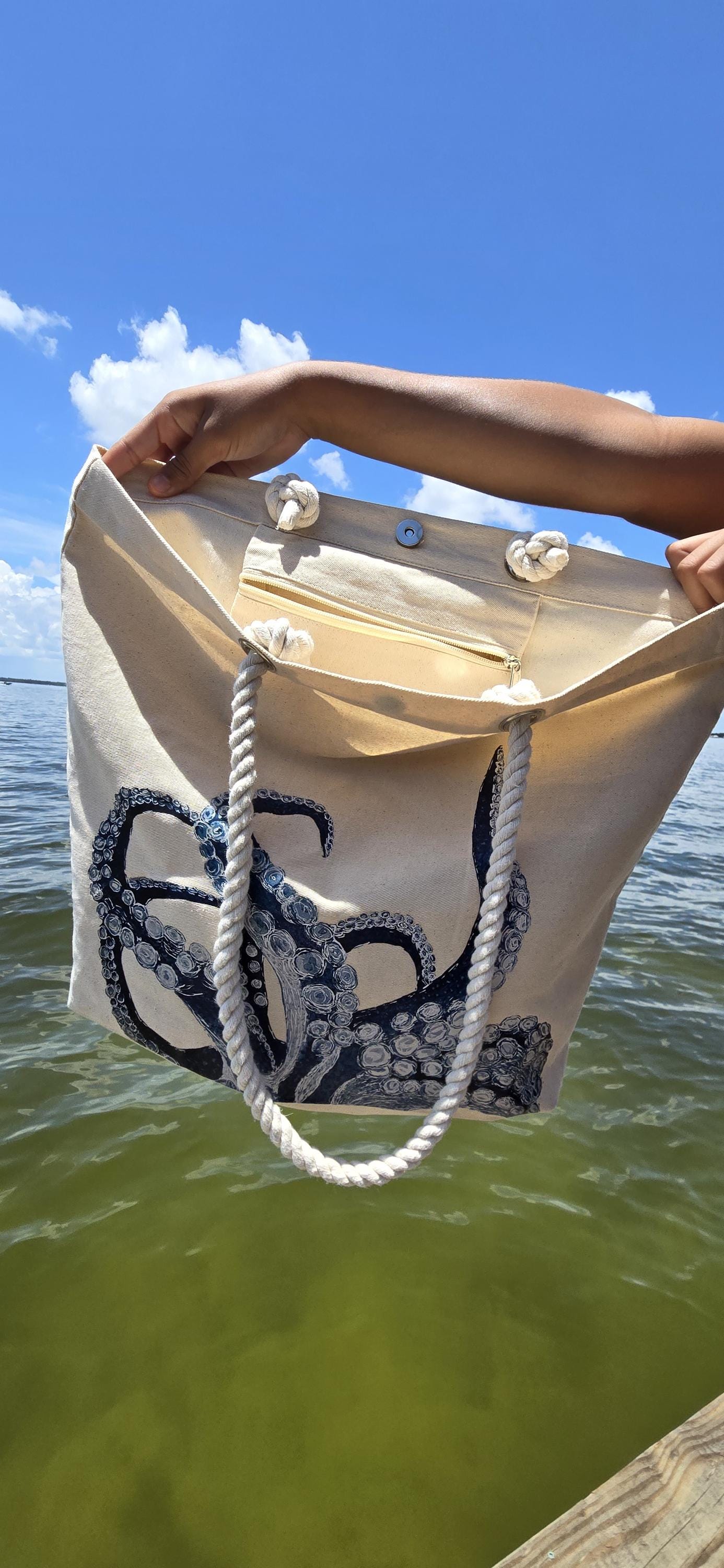 Large Canvas Beach Tote Bag, Octopus Watercolor Print, Rope Handles