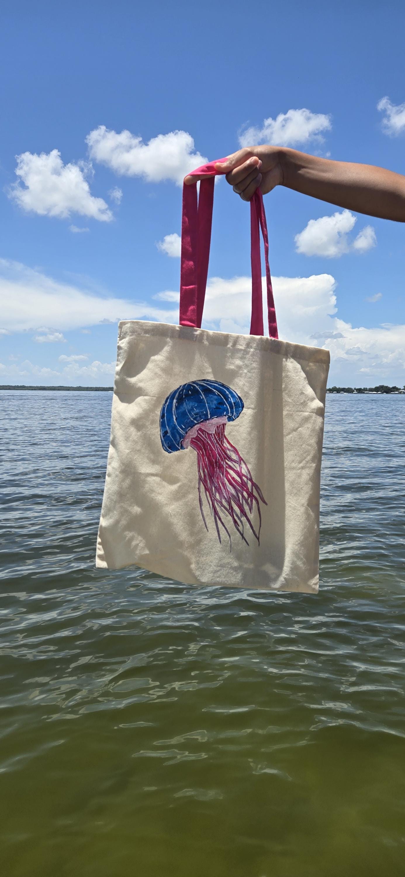 Cotton Beach Tote Bag: Hand-Painted, Watercolor Pink and Blue Jellyfish, Pink Handles