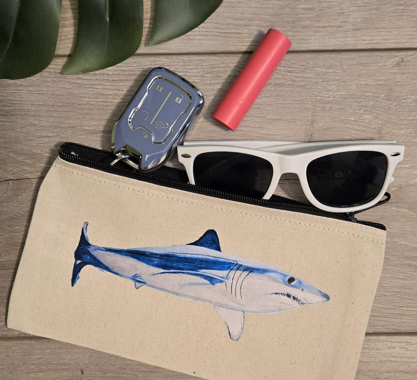 Zippered pouch, cosmetic bag, mako shark