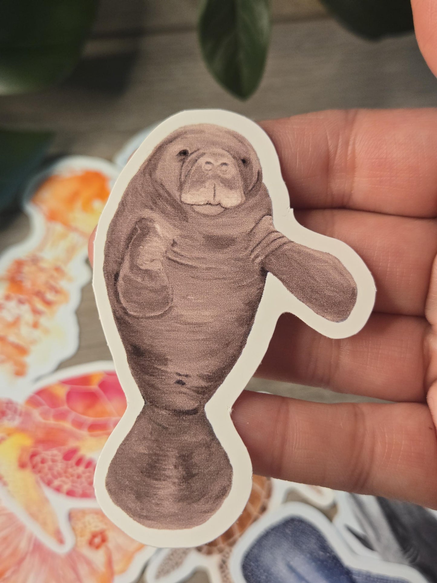 Hand-Painted Vinyl Manatee Sticker (3") – Water Bottle Decal