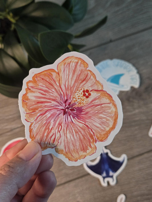Hand-Painted Vinyl Watercolor Hibiscus Sticker (3.5") Waterbottle  Decal