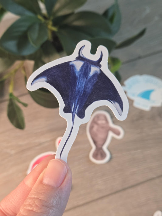 Hand-Drawn Vinyl Manta Ray Sticker (3")- Waterbottle Decal