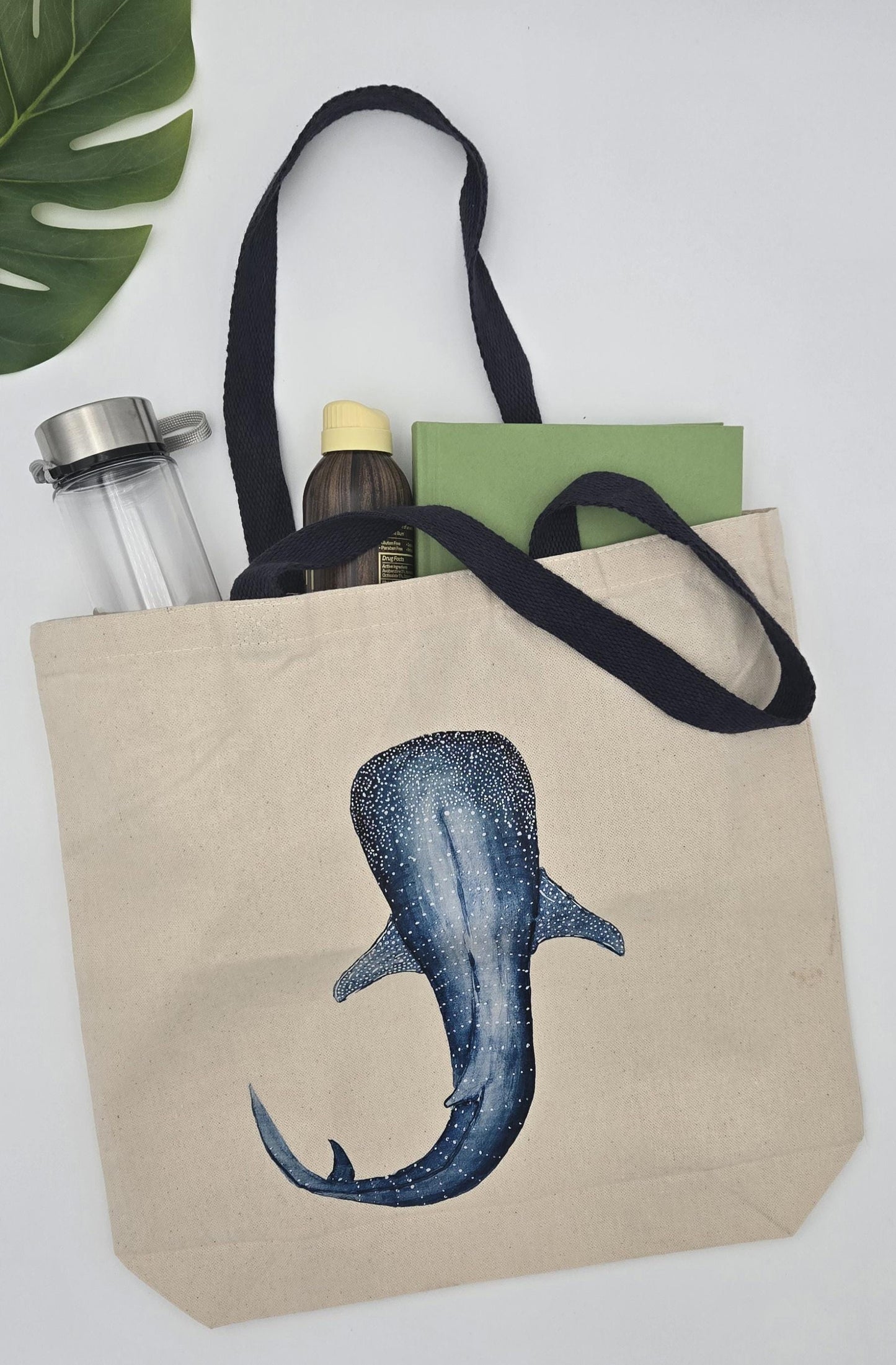 Canvas Beach Tote Bag: Hand Painted Whale Shark, Navy Blue Handles