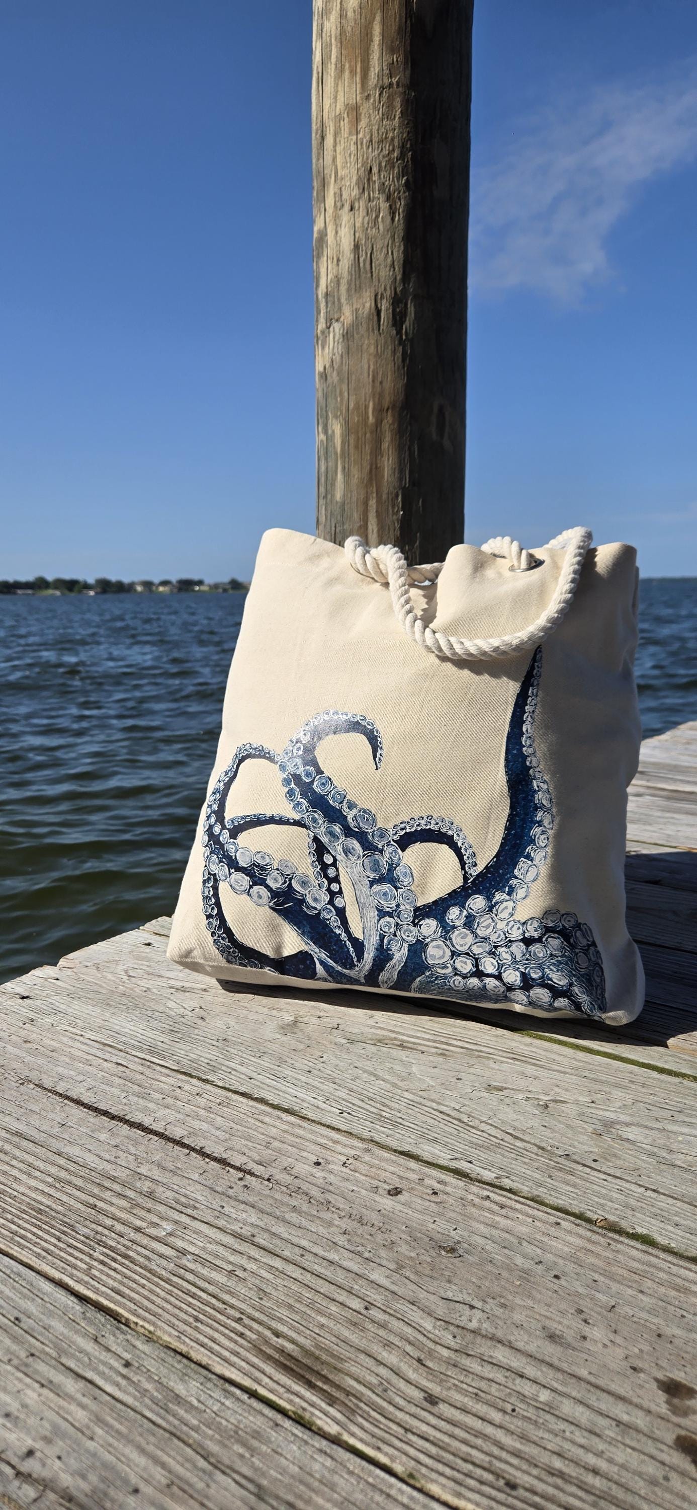 Large Canvas Beach Tote Bag, Octopus Watercolor Print, Rope Handles