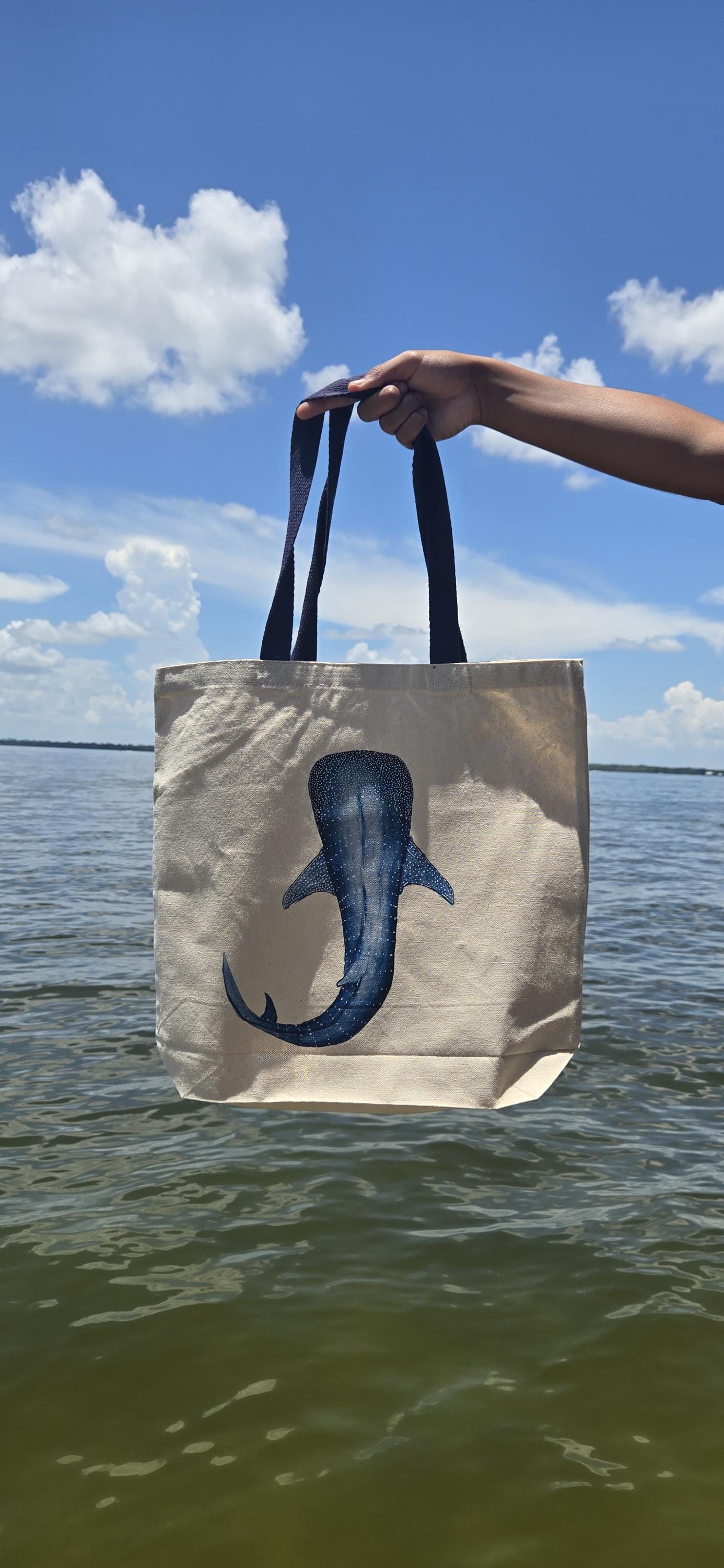 Canvas Beach Tote Bag: Hand Painted Whale Shark, Navy Blue Handles
