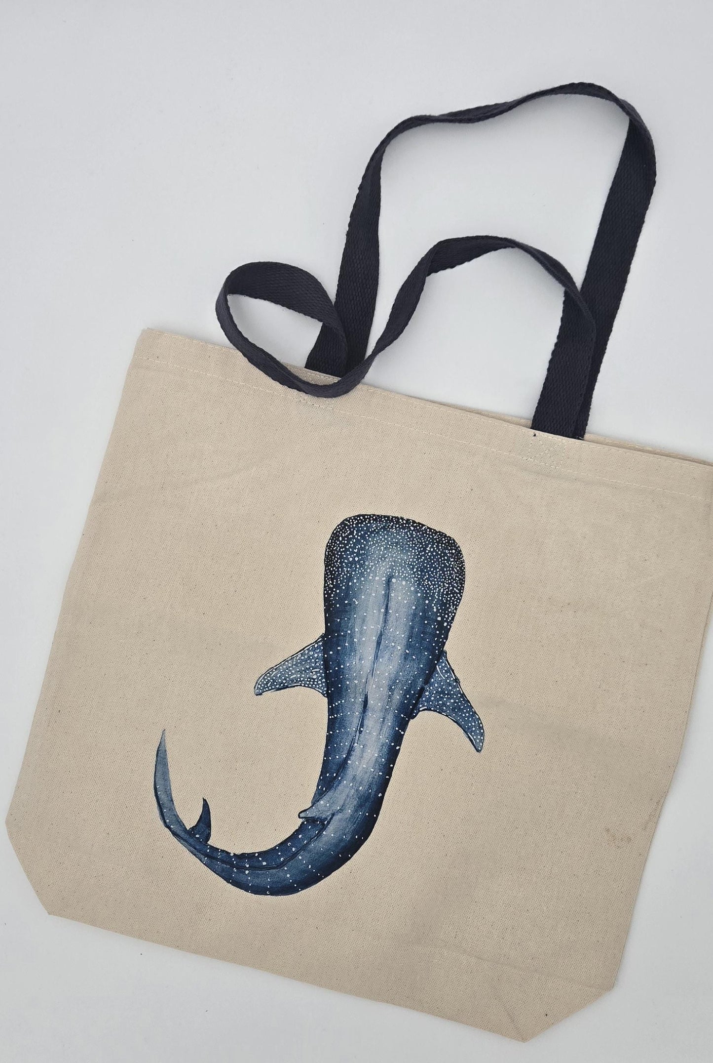 Canvas Beach Tote Bag: Hand Painted Whale Shark, Navy Blue Handles
