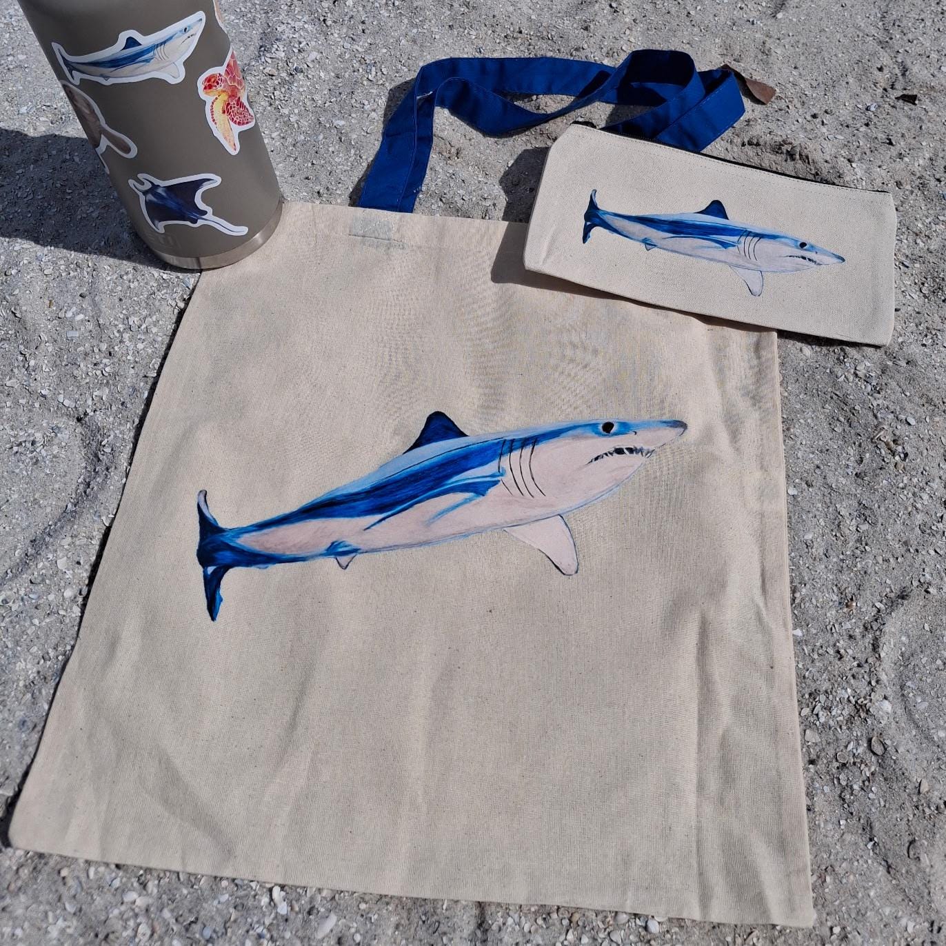 Zippered pouch, cosmetic bag, mako shark